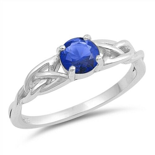 Silver Celtic Trinity / Triquetra Knot Ring Blue Sapphire CZ Size 4-10