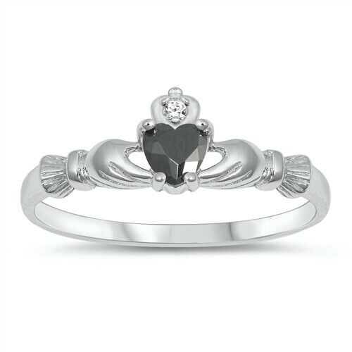 Sterling Silver Irish Claddagh Ring Black CZ Heart Size 1-10