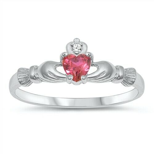 Sterling Silver Irish Claddagh Ring Ruby CZ Heart Size 1-10