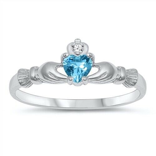 Sterling Silver Irish Claddagh Ring Blue Topaz CZ Heart Size 1-10