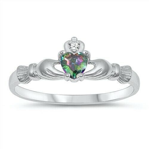 Sterling Silver Irish Claddagh Ring Rainbow Topaz CZ Heart Size 1-10