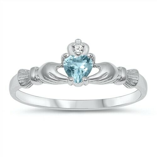 Sterling Silver Irish Claddagh Ring Blue Aquamarine CZ Heart Size 1-9