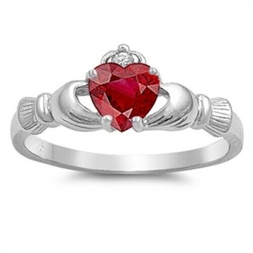 Sterling Silver Irish Claddagh Ring w/ Ruby CZ Size 4-13