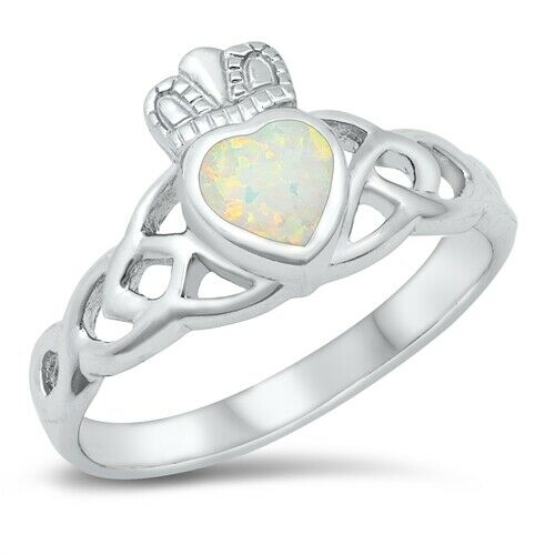 925 Sterling Silver Irish Celtic Claddagh Ring w/ Lab White Opal Size 5-10
