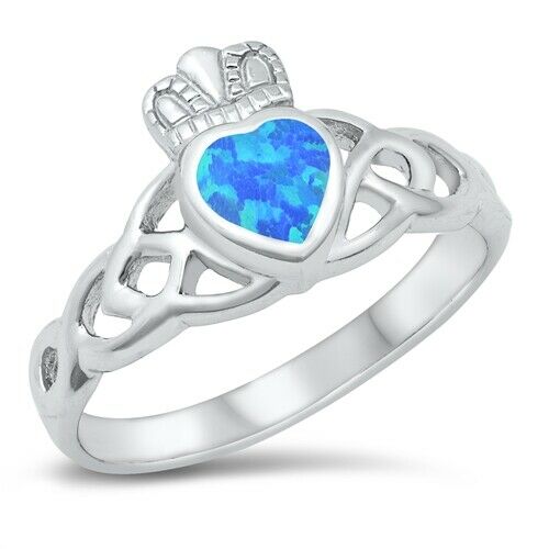 925 Sterling Silver Irish Celtic Claddagh Ring w/ Lab Blue Opal Size 5-10