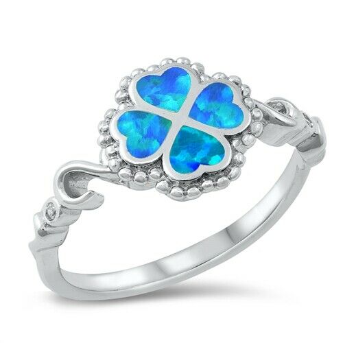 925 Sterling Silver Four Leaf Clover Blue Lab Opal Ring Band Size 5-10