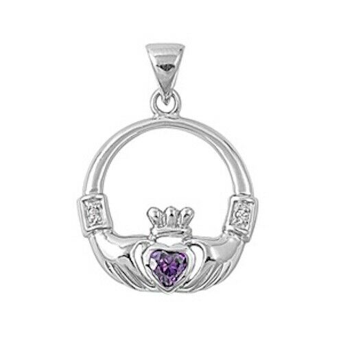 925 Sterling Silver Irish Celtic Claddagh Claddaugh Pendant Amethyst CZ Necklace Free Chain