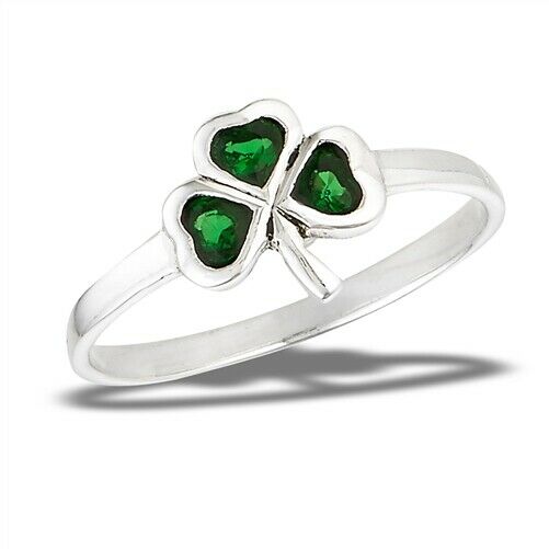 925 Sterling Silver Shamrock 3-Leaf Clover Green CZ Ring Size 5-9