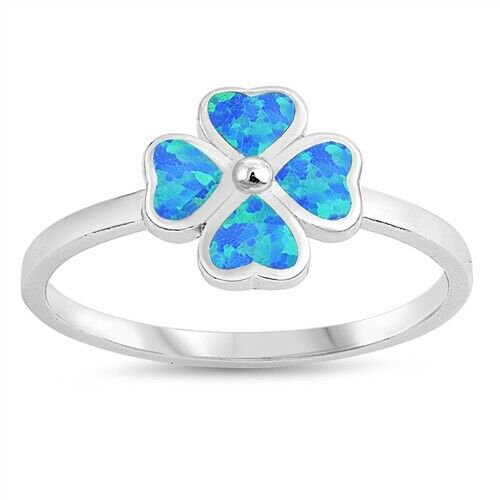 925 Sterling Silver Four Leaf Clover Lab Blue Opal Ring Band Size 5-10