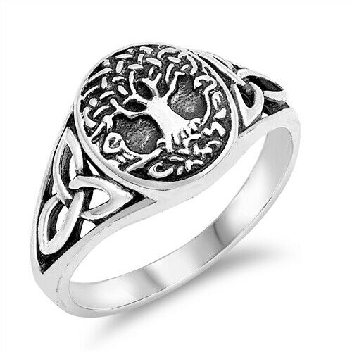 925 Sterling Silver Celtic Tree of Life w/ Triquetra Knot Ring Band Size 5-12