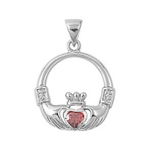 925 Sterling Silver Irish Celtic Claddagh Claddaugh Pendant Garnet CZ Necklace Free Chain