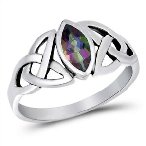 Silver Celtic Trinity / Triquetra Knot Ring Rainbow Topaz CZ Size 5-10