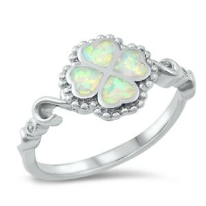 925 Sterling Silver Four Leaf Clover White Lab Opal Ring Band Size 5-10