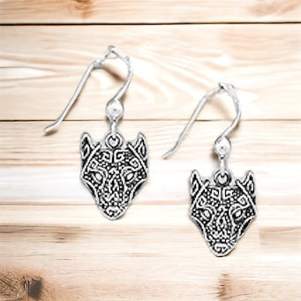 Handcast 925 Sterling Silver Celtic Wolf Head Dangle Earrings