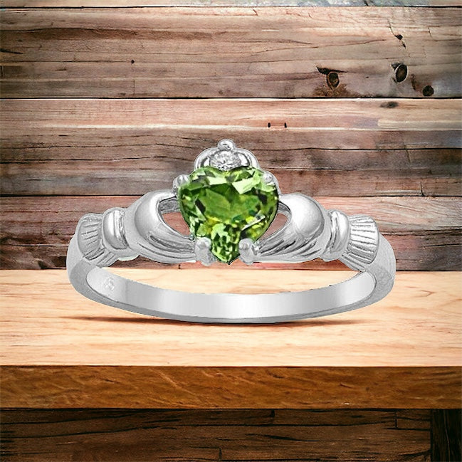 Sterling Silver Irish Claddagh Ring w/ :Peridot Green CZ Size 5-12