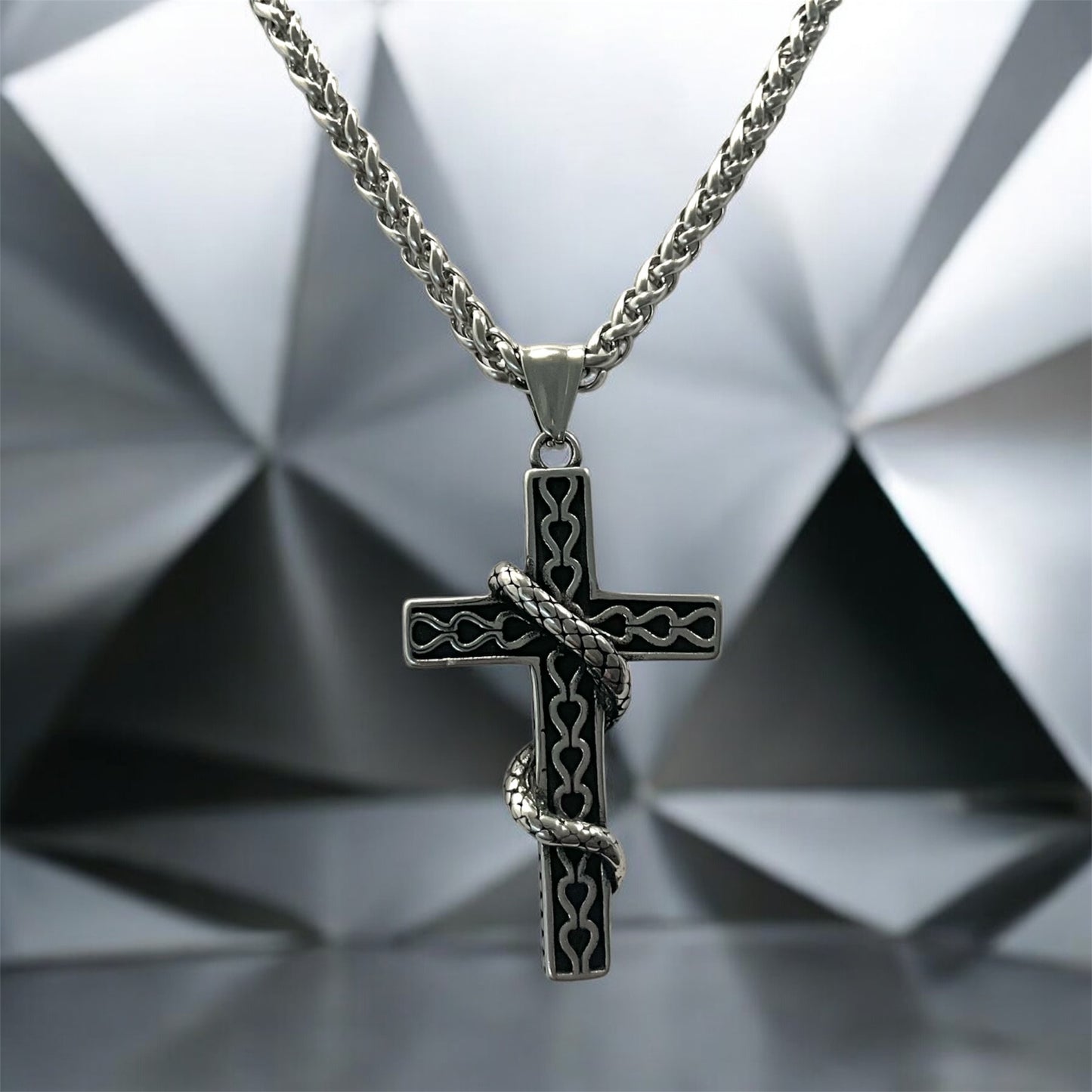 Large 316L Surgical Stainless Steel Snake Cross Pendant + Free Chain Necklace