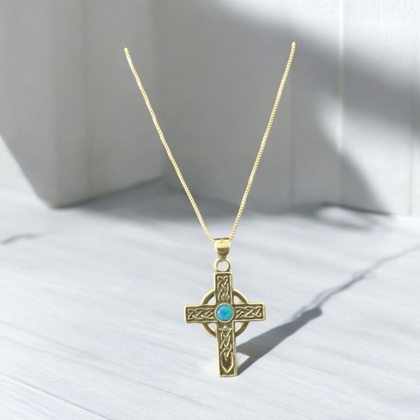 Large 925 Sterling Silver Celtic Cross Fire Blue Opal Pendant Necklace + Free Chain