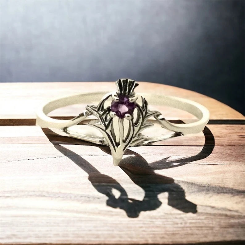 925 Sterling Silver Scottish Thistle Ring set with faceted Amethyst