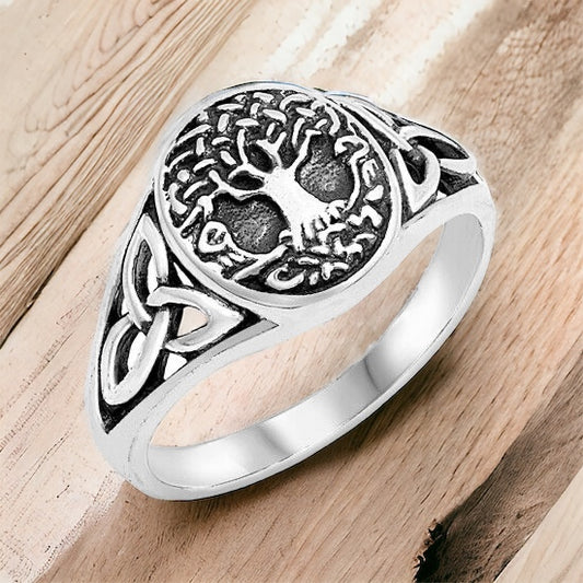 925 Sterling Silver Celtic Tree of Life w/ Triquetra Knot Ring Band Size 5-12