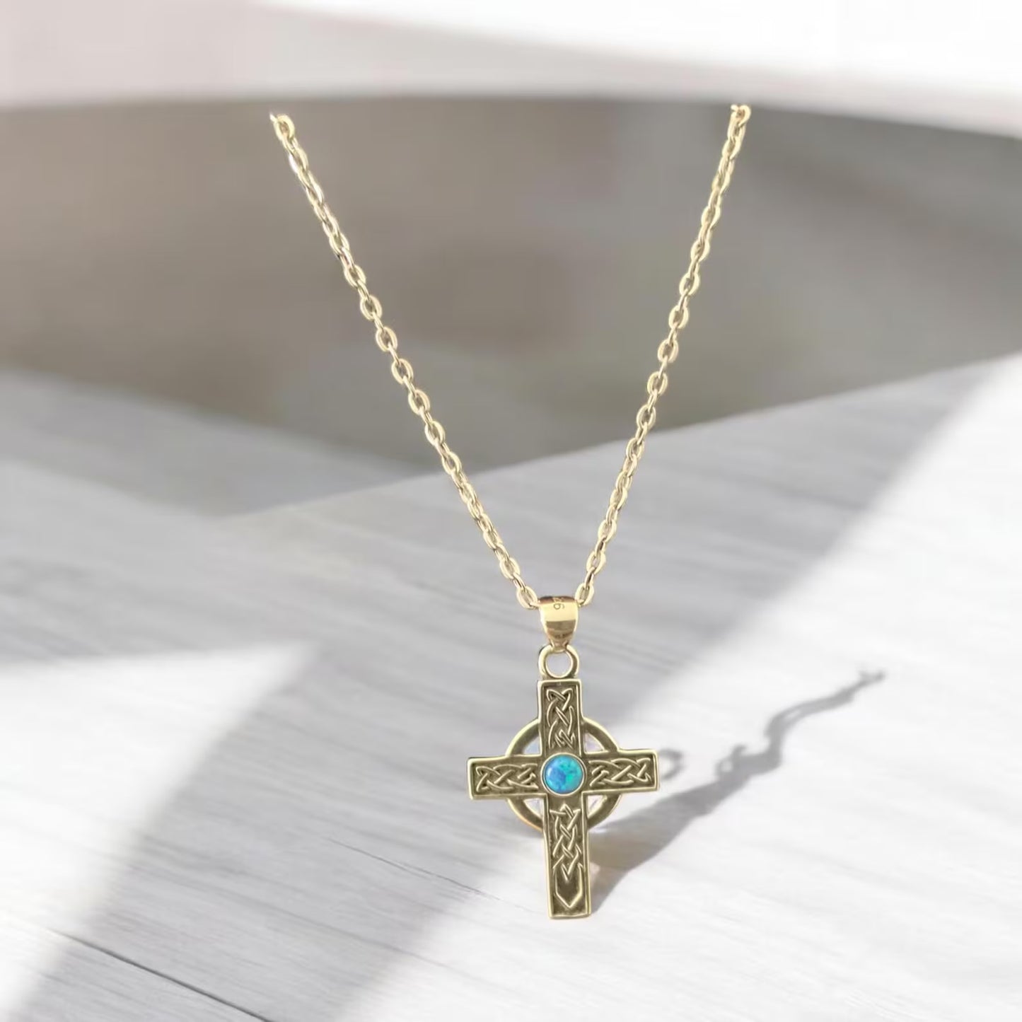 Large 925 Sterling Silver Celtic Cross Fire Blue Opal Pendant Necklace + Free Chain