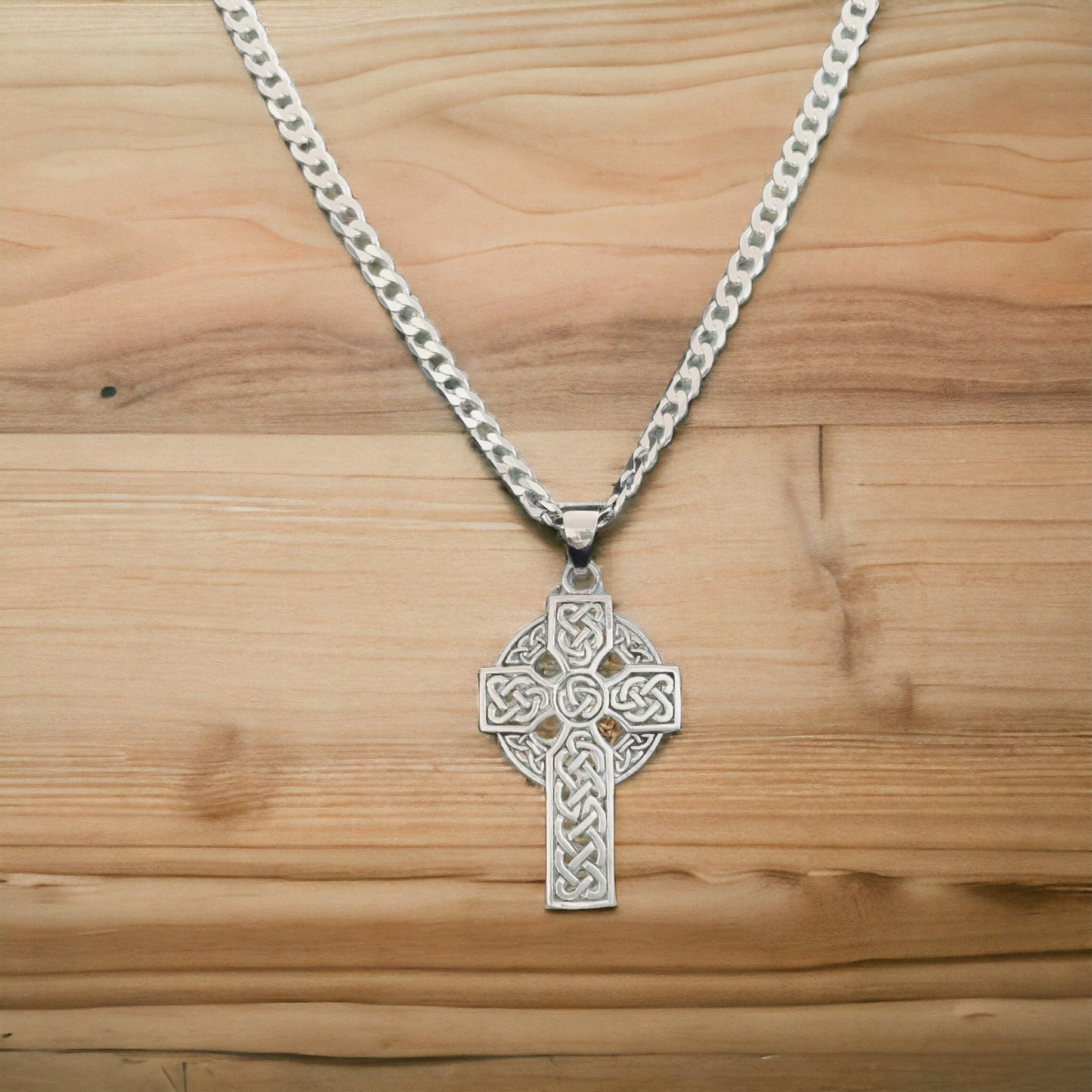 Large Handcast 925 Sterling Silver Irish Celtic Cross Pendant + Free Chain Necklace