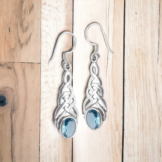 Silver Celtic Dangle Earrings Blue Topaz CZ