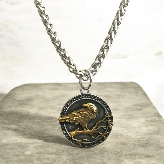 Large 316L Surgical Stainless Steel Raven Pendant + Free Chain Necklace