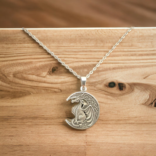 Large 925 Sterling Silver Medieval Dragon on Celtic Crescent Moon Pendant + Free Chain