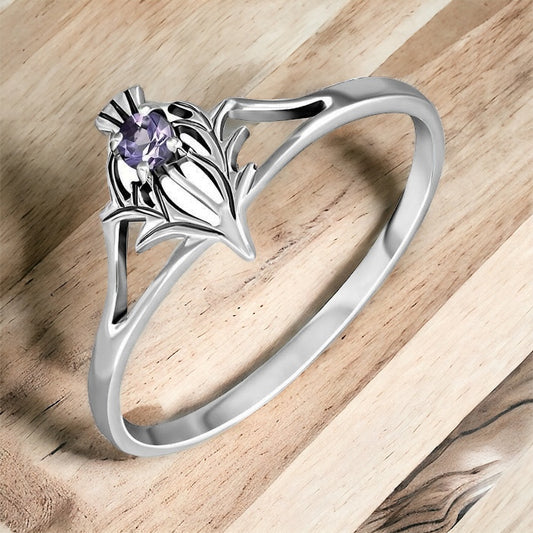 925 Sterling Silver Scottish Thistle Ring set with faceted Amethyst