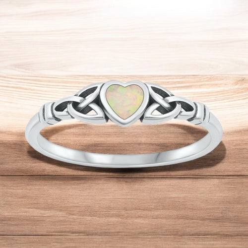 925 Sterling Silver Celtic Trinity Heart Opal Ring Size 4-10