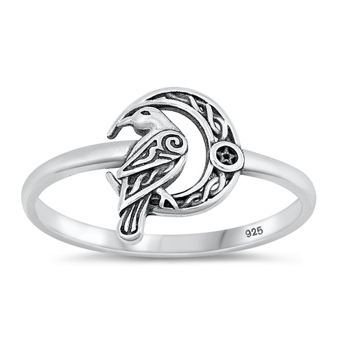 925 Sterling Silver Celtic Raven Crescent Moon Ring Band Size 4-10