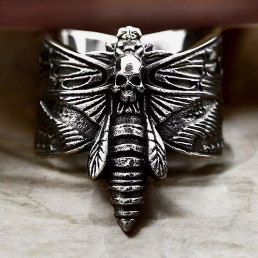 Large 316L Surgical Stainless Steel Death Moth Ring Size 7-13