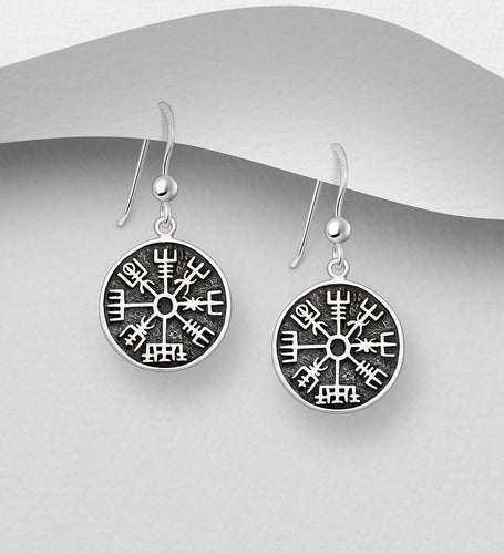 925 Sterling Silver Viking Compass Vegvisir Dangle Earrings