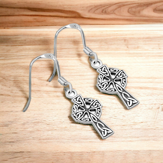 925 Sterling Silver Celtic Cross Dangle Earrings