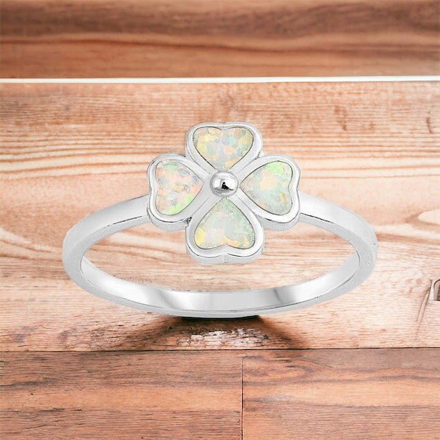 925 Sterling Silver Four Leaf Clover White Lab Opal Ring Band Size 5-10