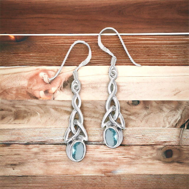 Silver Celtic Dangle Earrings Blue Topaz CZ