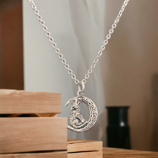 Handcast 925 Sterling Silver Howling Wolf Pendant on Crescent Moon accented with Celtic Knotwork + Free Chain