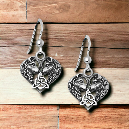 Handcast 925 Sterling Silver Celtic Wolf Heart Trinity Dangle Earrings