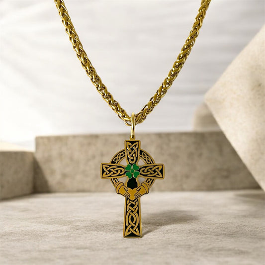 Large 316L Surgical Stainless Steel Irish Celtic Claddagh Cross Pendant + Free Chain Necklace