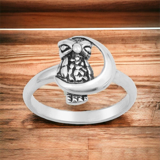 925 Sterling Silver Owl Crescent Moon Ring Band Size 4-10