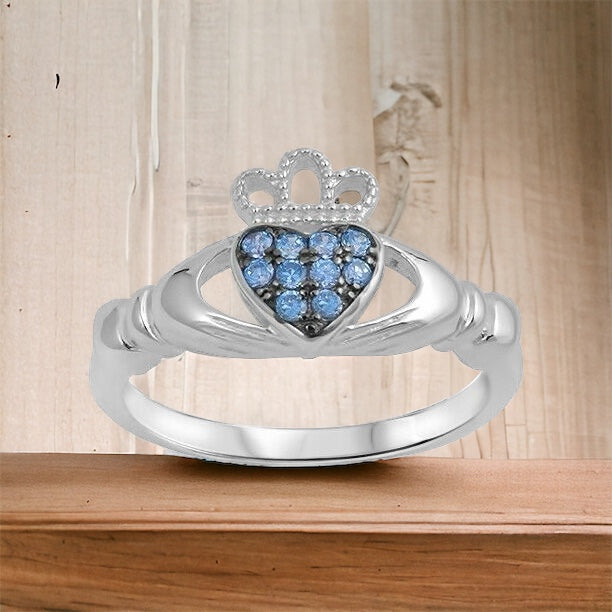 Sterling Silver Irish Claddagh Ring w/ Blue Aquamarine CZ Size 4-10