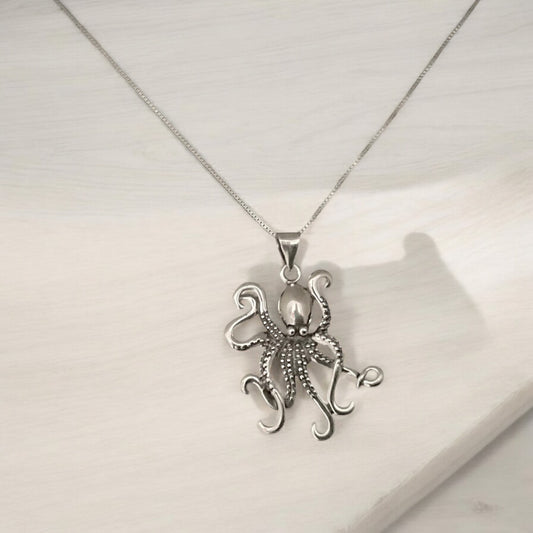 Large 925 Sterling Silver Octopus Pendant + Free Chain Necklace