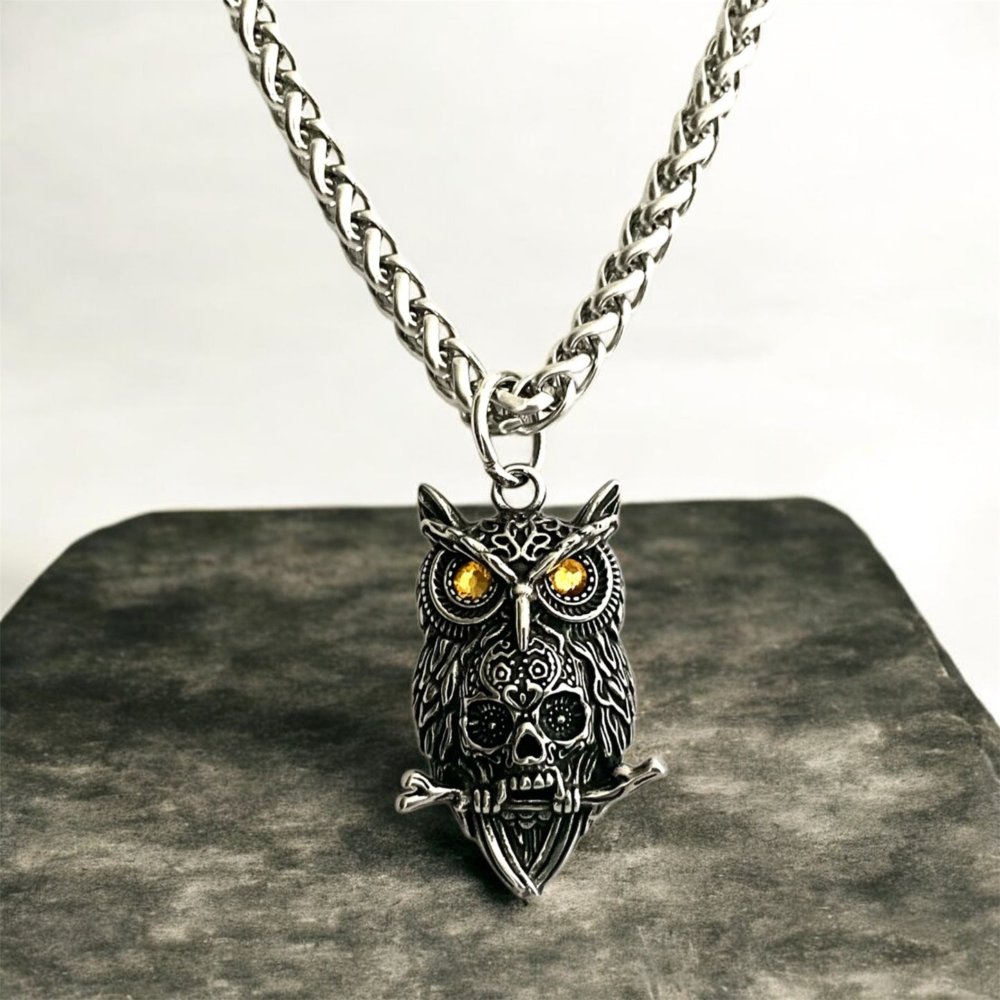Large 316L Surgical Stainless Steel Owl Skull Pendant + Free Chain Necklace