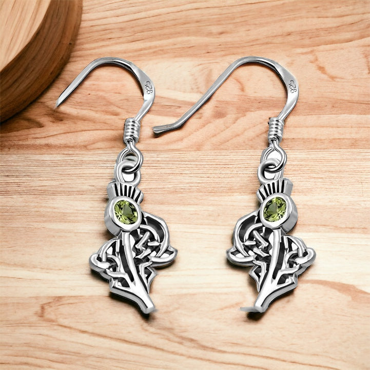 Silver Scottish Thistle Dangle Earrings Peridot