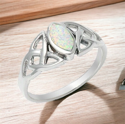 Silver Celtic Triquetra / Trinity Knot Ring White Opal Size 4-10