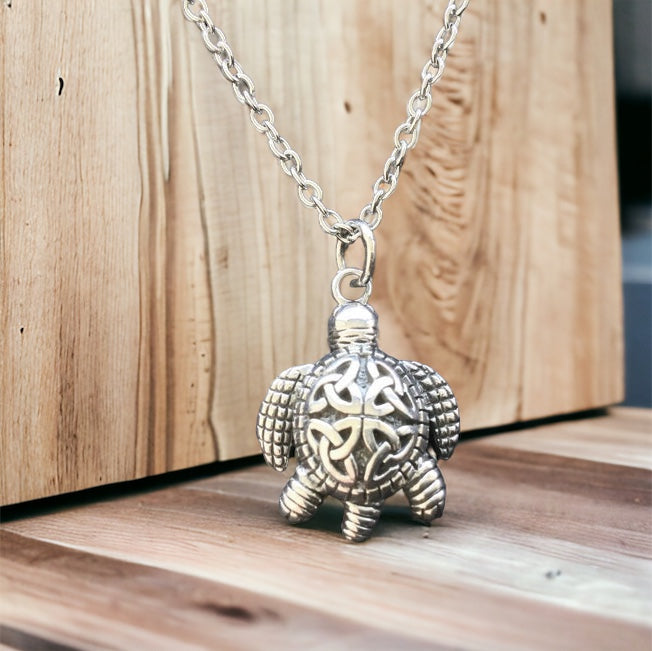 Handcast 925 Sterling Silver Celtic Turtle Pendant Necklace + Free Chain
