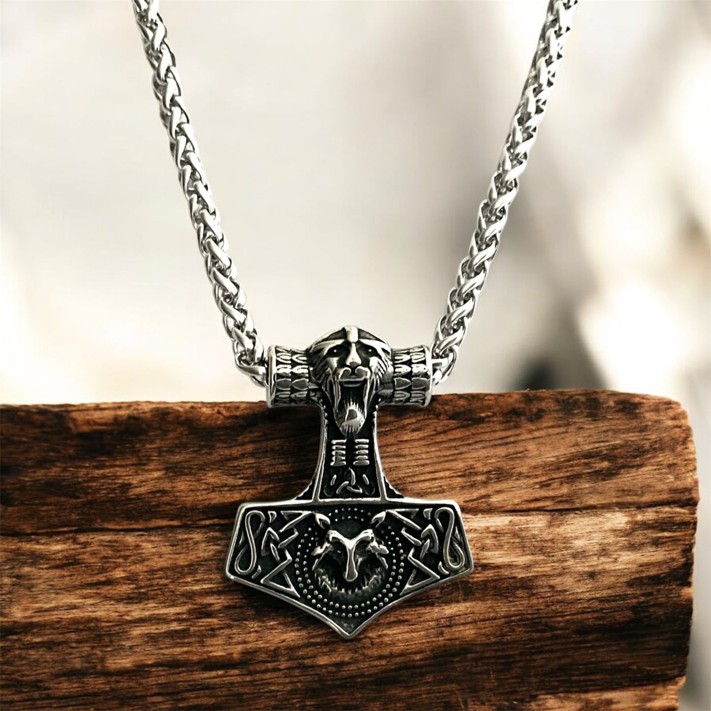 Large 316L Surgical Stainless Steel Viking Norse Thor’s Hammer Mjolnir Odin Pendant + Free Chain Necklace