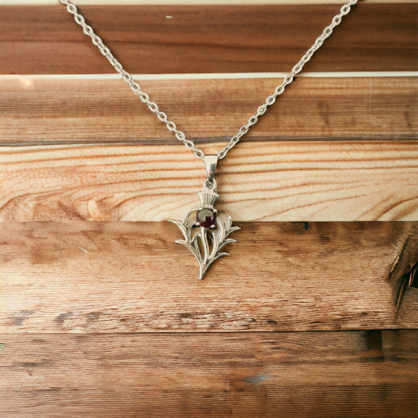 925 Sterling Silver Scottish Thistle Flower Garnet Pendant + Free Chain