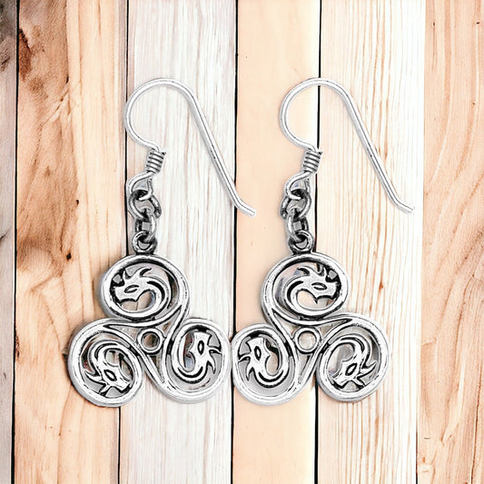 925 Sterling Silver Celtic Triskele Triple Spiral Triskelion Dangle Earrings