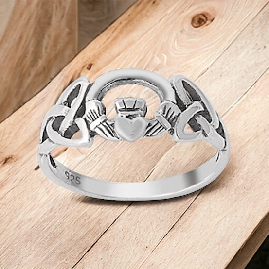 Sterling Silver Irish Claddagh Ring w/ Trinity Knot